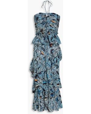 Ulla Johnson Ruffled Cutout Printed Cotton-Blend Halterneck Midi Dress - Blue
