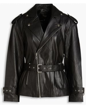 Maje Belted Leather Biker Jacket - Black