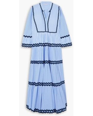 FLORA SARDALOS Milos maxikleid aus baumwolle mit karomuster, streifen und zackenlitzen - Blau