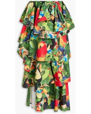 FARM Rio Tiered Ruffled Printed Taffeta Midi Skirt - Green