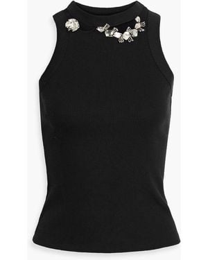 Area Crystal-Embellished Distressed Ribbed Cotton-Blend Jersey Tank - Black