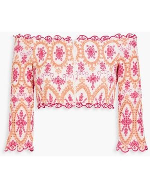 Charo Ruiz Marga Off-The-Shoulder Cropped Broderie Anglaise Cotton-Blend Top - Red
