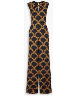 Saloni Claudia Twist-front Printed Crepe Wide-leg Jumpsuit - Blue