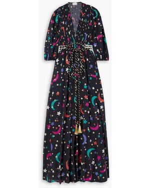 Miguelina Farrah Smocked Open-back Printed Cotton-voile Maxi Dress - Blue