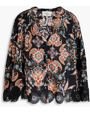 Cara Cara Emma Guipure Lace-paneled Printed Cotton-poplin Blouse - Black