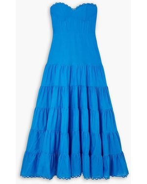 Charo Ruiz Danny Strapless Broderie Anglaise-Trimmed Tiered Cotton-Blend Voile Maxi Dress - Blue
