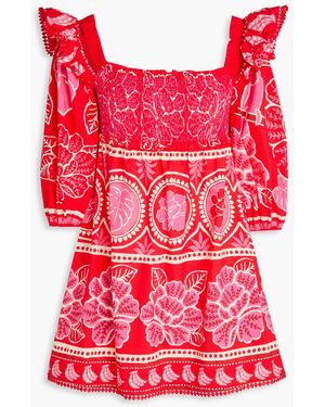 FARM Rio Ruffled Printed Cotton Mini Dress - Red