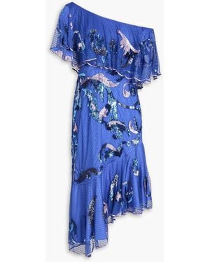 Temperley London Novella One-Shoulder Sequin-Embellished Ruffled Point D'Esprit Midi Dress - Blue