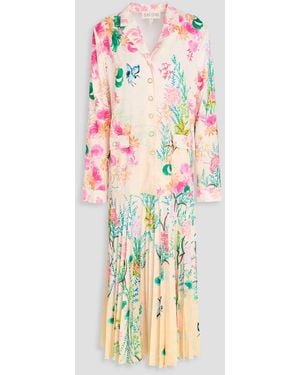 Saloni Sonia Pleated Printed Satin-Jacquard Midi Shirt Dress - White