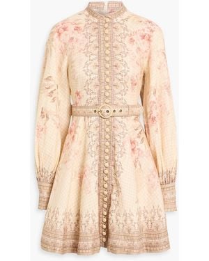Zimmermann Belted Printed Linen Mini Dress - Natural