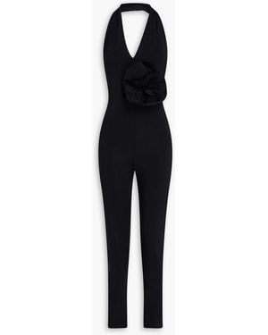 Maygel Coronel Mocoa Floral-Appliquéd Satin-Jersey Halterneck Jumpsuit - Black
