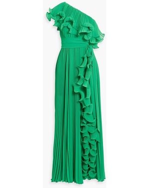 Badgley Mischka One-Shoulder Ruffled Plissé-Georgette Gown - Green
