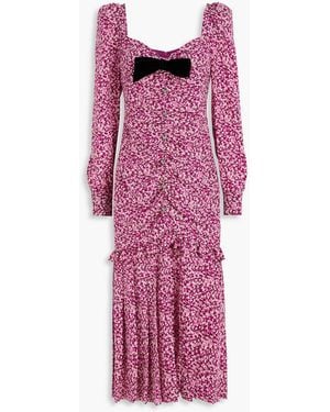 Alessandra Rich Bow-detailed Ruched Floral-print Silk Crepe De Chine Midi Dress - Purple