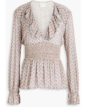 Anna Sui Ruffled Printed Stretch-mesh Top - White