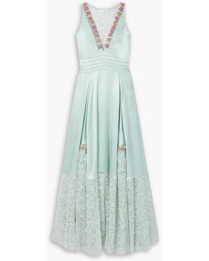 LoveShackFancy Mirette Appliquéd Lace And Embroidered Tulle-trimmed Silk-satin Maxi Dress - Blue