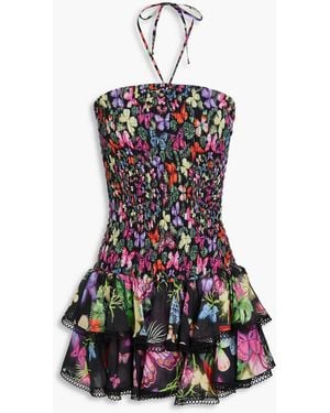 Charo Ruiz Shirred Printed Cotton-Blend Halterneck Mini Dress - White