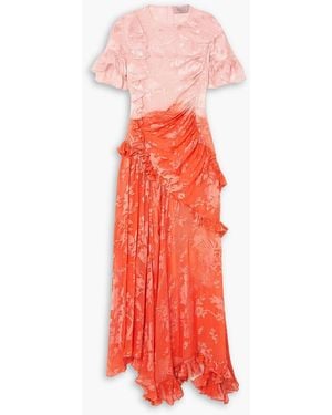 Preen By Thornton Bregazzi Etsu Asymmetric Ruffled Ombré Devoré-satin Midi Dress - Red
