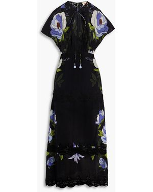 FARM Rio Lace-Trimmed Floral-Print Crepe De Chine Maxi Dress - Black
