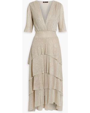 Maje Tiered Plissé-tulle Midi Dress - Natural