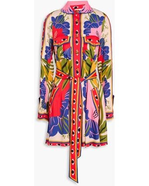 FARM Rio Printed Satin Mini Shirt Dress - White