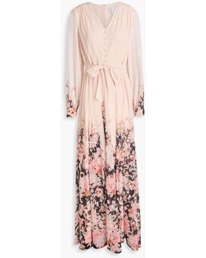 Mikael Aghal Belted Floral-print Crepe De Chine Maxi Dress - Pink