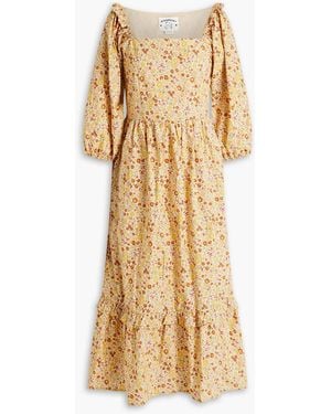 Meadows Bloom Gathered Floral-print Cotton-poplin Midi Dress - Natural