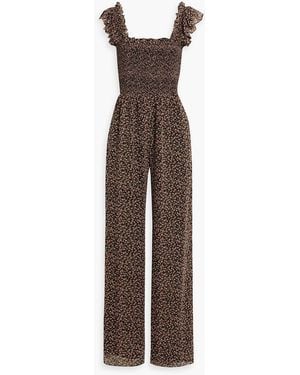 Mikael Aghal Shirred Floral-print Crepe De Chine Wide-leg Jumpsuit - Brown