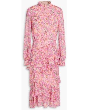 Saloni Isa Ruffled Floral-Print Silk-Chiffon Midi Dress - Pink