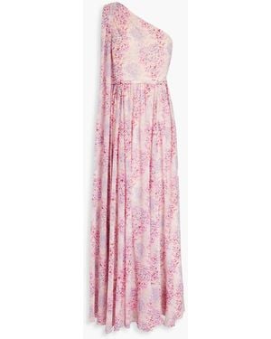 Mikael Aghal One-shoulder Floral-print Chiffon Maxi Dress - Pink