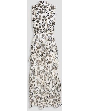 Saloni Fleur Ruffled Printed Silk-Georgette And Jacquard Midi Dress - White