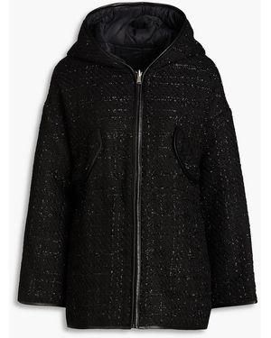 Maje Reversible Metallic Bouclé-tweed And Shell Hooded Jacket - Black