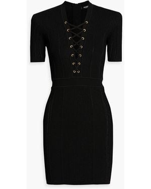 Balmain Lace-Up Ribbed-Knit Mini Dress - Black
