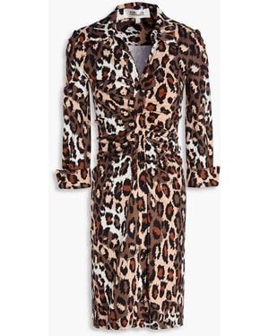 Diane von Furstenberg Sheska Draped Leopard-Print Jersey Mini Shirt Dress - Brown