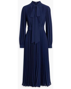 Mikael Aghal Pussy-Bow Pleated Crepe Midi Dress - Blue