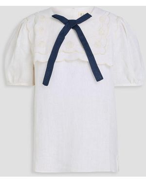 Saloni Marlowe Bow-Detailed Embellished Linen Top - Blue