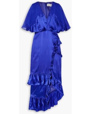 Saloni Rose Ruffled Wrap-effect Devoré Satin And Chiffon Maxi Dress - Blue