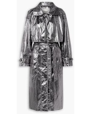 Isabel Marant Laika Belted Metallic Crinkled-Shell Trench Coat - Gray