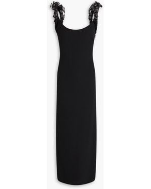 Versace Floral-appliquéd Draped Silk-crepe Midi Dress - Black