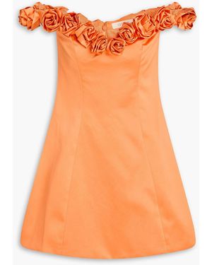 LEO LIN Stella Off-The-Shoulder Floral-Appliquéd Crepe De Chine Mini Dress - Orange