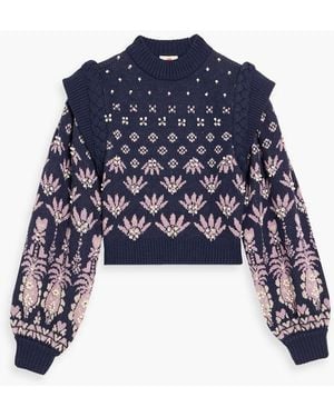 FARM Rio Faux Pearl-Embellished Jacquard-Knit Sweater - Blue