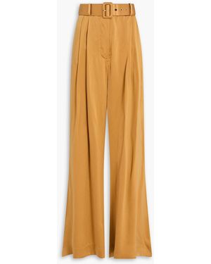 Zimmermann Belted Pleated Washed-silk Wide-leg Trousers - Yellow