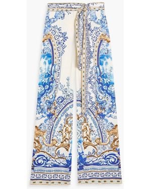 CAMILLA Crystal-Embellished Printed Twill Wide-Leg Pants - Blue