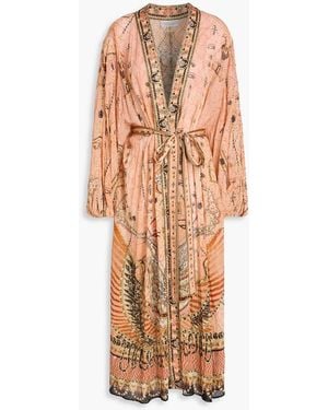 CAMILLA Printed Embellished Silk-Crepe Robe - Orange