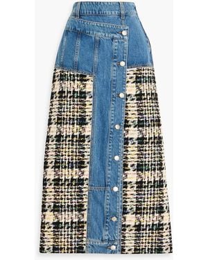 McQueen Tweed Paneled-Denim Midi Skirt - Blue