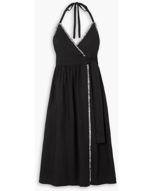 Three Graces London Jacqueline midi-neckholder-wickelkleid aus leinen mit fransen - Schwarz