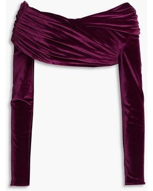 Maygel Coronel Lido Cropped Off-the-shoulder Ruched Velour Top - Purple