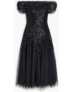 Needle & Thread Dappled Off-The-Shoulder Sequined Point D'Esprit Midi Dress - Black