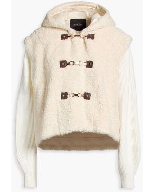 Maje Teddy Fleece-paneled Ribbed-knit Hooded Jacket - Natural