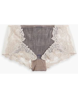 La Perla Lace-trimmed Prince Of Wales Checked Stretch-tulle Briefs - White