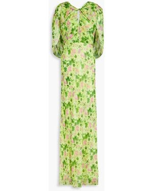 Saloni Claudia Cape-effect Floral-print Silk-chiffon Gown - Green